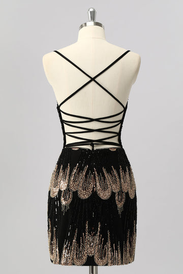Black Bodycon Sequin Short Prom Dress with Lace Up Back